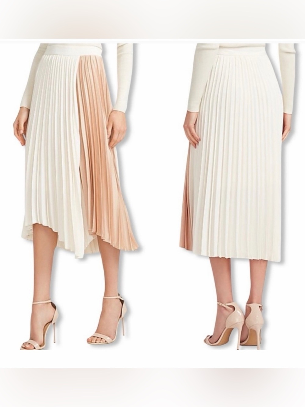 NWT Express Cream Pleated Midi Skirt with Blush Panel and asymmetrical hem